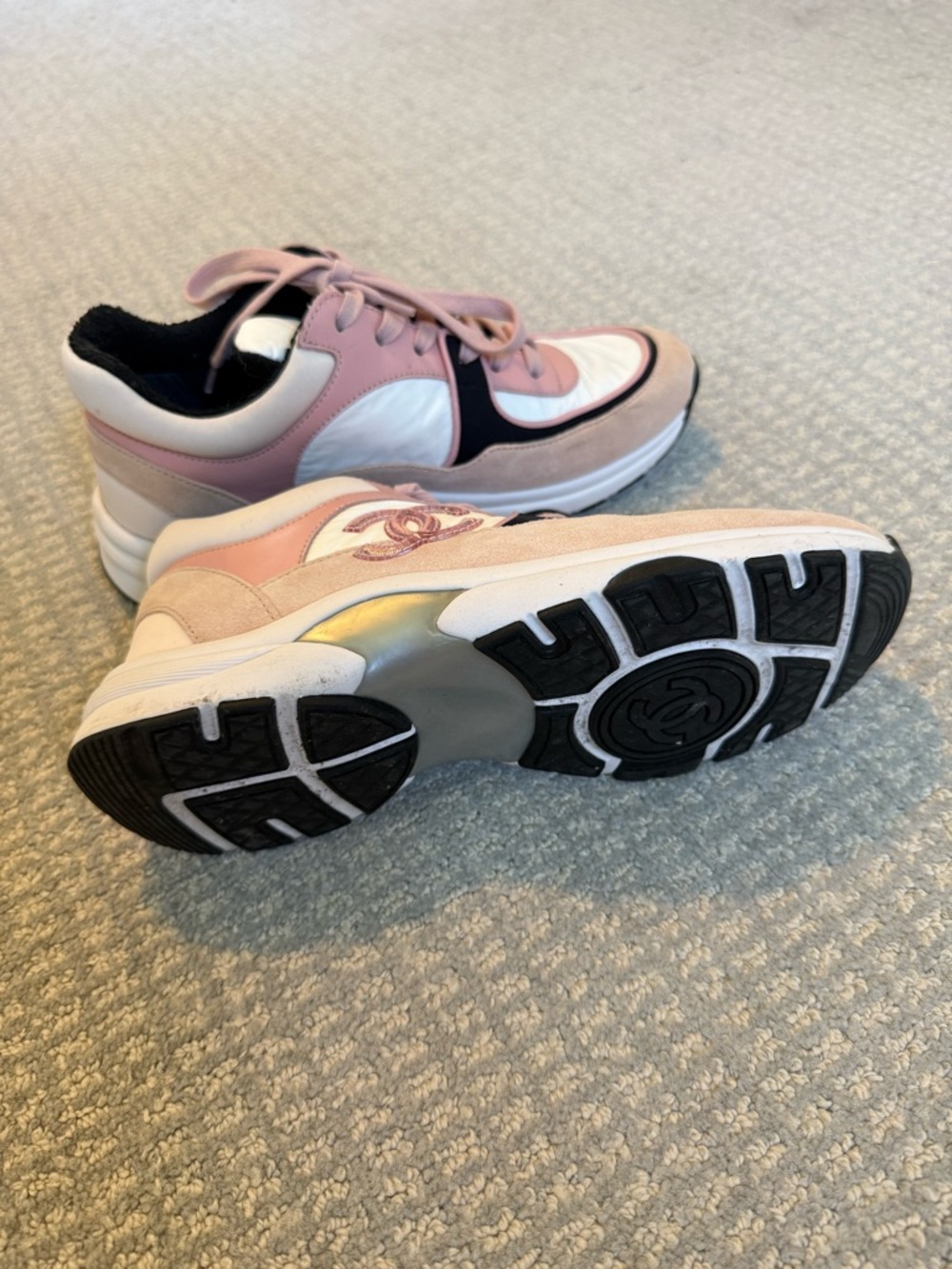 CHANEL Pink, White & Black Low-Top CC Logo Sneakers - Picture 2 of 2